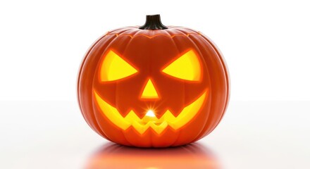 Glowing jack o'lantern with sinister grin isolated on white holiday backdrop with reflections
