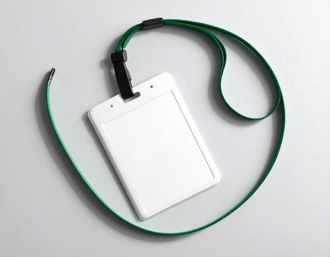 Modern blank identification badge with green lanyard ready for customization, perfect for event access and employee identification