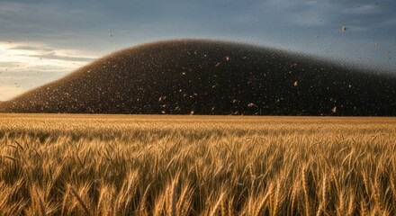 Spectacular aerial swarm over wheat field presenting a nature event of insects migration and rural