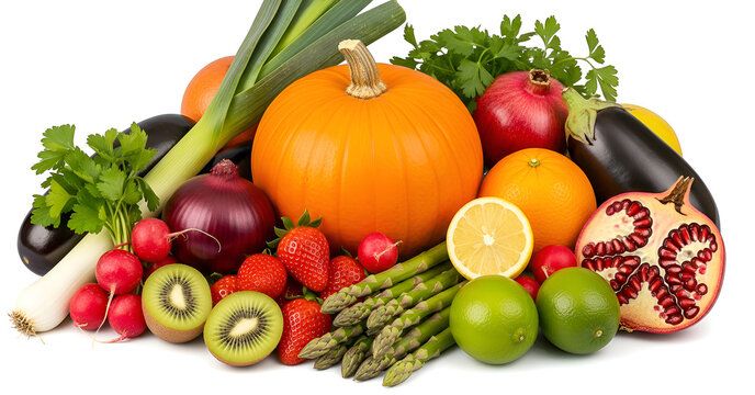 Fresh Vegetables and Fruits Arranged in a Vibrant Display on a White Background Showcasing a Variety of Colors and Shapes