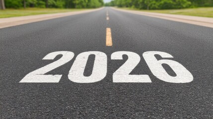 Fototapeta premium Road with the Year 2026 Painted on Asphalt in the Center, Signifying Future and Journey Ahead, Surrounded by Lush Green Trees on a Sunny Day