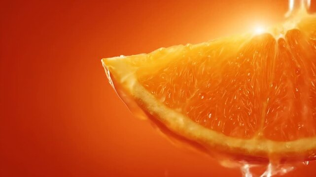 Orange slice with pouring liquid against an orange background