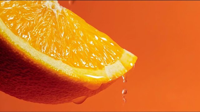 Fresh orange slice with dripping juice on a vibrant orange backdrop