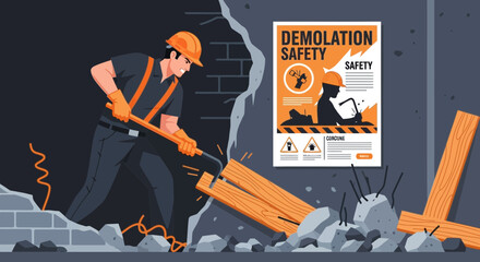 Depiction of a construction worker demolishing structures while emphasizing safety measures