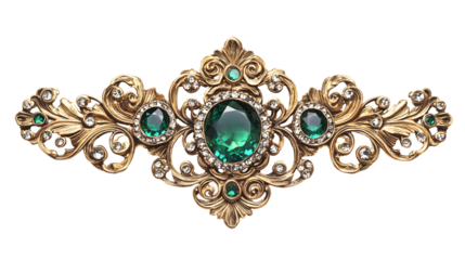 Ornate vintage golden ornament with large green gemstones for elegant design