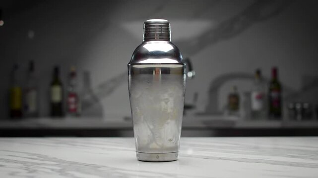 Stainless steel cocktail shaker on a marble countertop, with blurred bar tools and bottles in the background