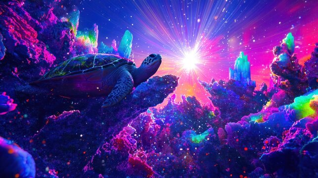 vibrant, neon, glowing, surreal, fantasy, dreamlike, cosmic, celestial, galactic, psychedelic, ethereal, luminous, iridescent, prismatic, kaleidoscopic, abstract, digital art, 8k, highly detailed
