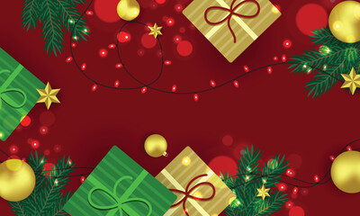 Christmas red background with realistic 3d decorative design elements gift boxes, glowing garland decorations, green tree branches and lights decoration