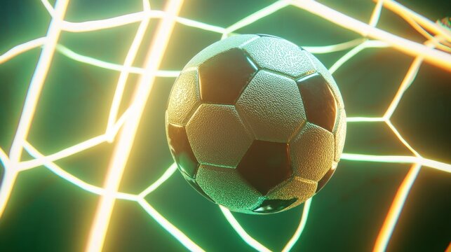 soccer ball, glowing neon hexagon pattern, abstract geometric background, dynamic lighting, vibrant colors, futuristic, 3d rendering