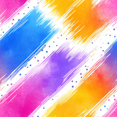 Rainbow diagonal brush strokes, pink, blue, yellow, orange, watercolor texture with colorful dots, dynamic energy pattern for kids birthday party decorations, wrapping paper, banner, cards
