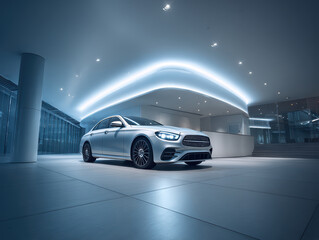 Premium automobile positioned in modern luxury car gallery showcasing elegant automotive retail environment with sophisticated showroom lighting and upscale interior space.