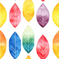 Colorful watercolor leaves, gradient botanical pattern, autumn foliage seamless tile for children textile, nursery wallpaper, gift wrap