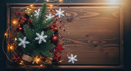 Christmas tree branch, snowflake ornament, red bauble, gold gift box, festive light, wooden tray, holiday