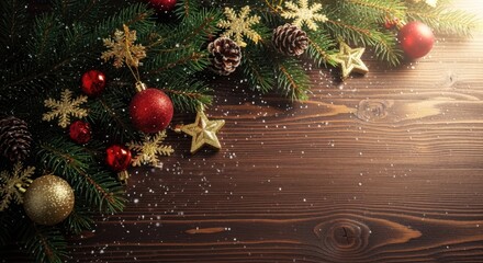 Christmas tree branch pinecone ornament gold star red ball snowflake festive wooden background holiday