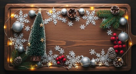 Christmas decoration, snowflake, pinecone, fir branch, red berry, ornament, festive light create joyful holiday mood