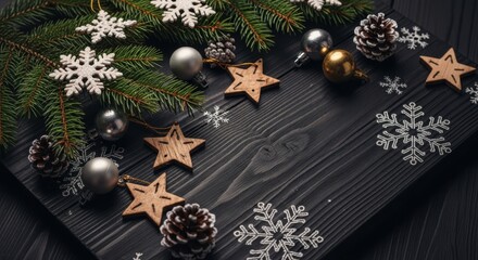 Christmas decoration with pine branch, wooden star, pine cone, snowflake, bauble, festive mood on dark wood
