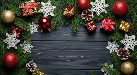 Christmas ornament pine branch snowflake red bauble gift box festive holiday winter celebration decoration create joyful