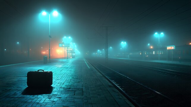 suitcase on platform at night