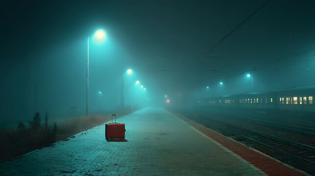 lonely suitcase sits on foggy train platform at night