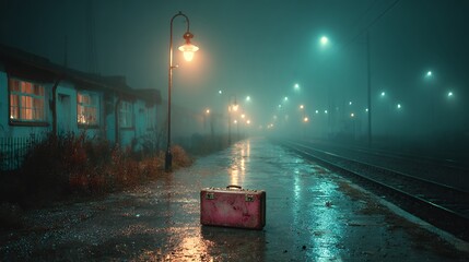 suitcase sitting on rainy train platform at night