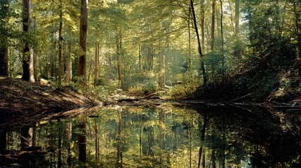 Fototapeta premium mirror. A serene forest scene reflected perfectly in still water, illuminated by golden sunlight filtering through trees. travel magazines.