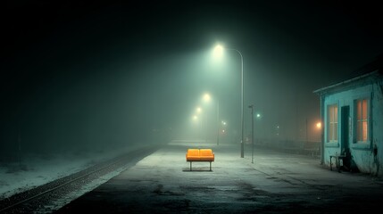 empty bench on dark foggy street
