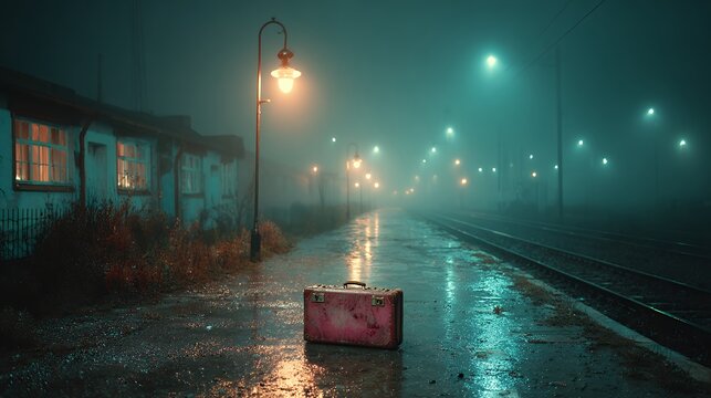 suitcase sitting on rainy train platform at night