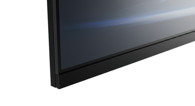 Extreme close-up of a modern black flat-screen television's upper left corner, razor-thin matte obsidian-black bezel meets luminous white screen on transparent, advanced technology concept