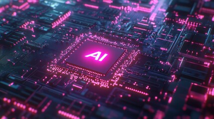 Obraz premium digital abstract, futuristic circuit board, glowing neon lights, vibrant pink and blue colors, AI technology, advanced microchip, intricate electronic components, 3d render, cinematic lighting, dramat