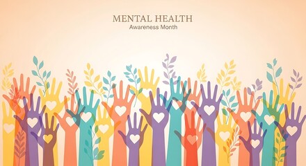 Mental health awareness month banner with colorful raised hands and foliage world mental health day background