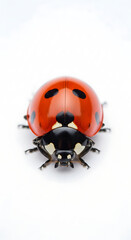 Naklejka premium A close-up, high-angle studio shot of a vibrant red ladybug with black spots against a stark white background.