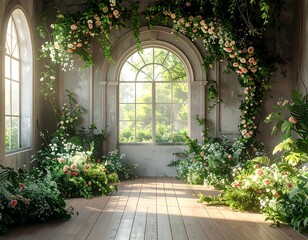 Sunlit room, arched window, abundant flowering plants