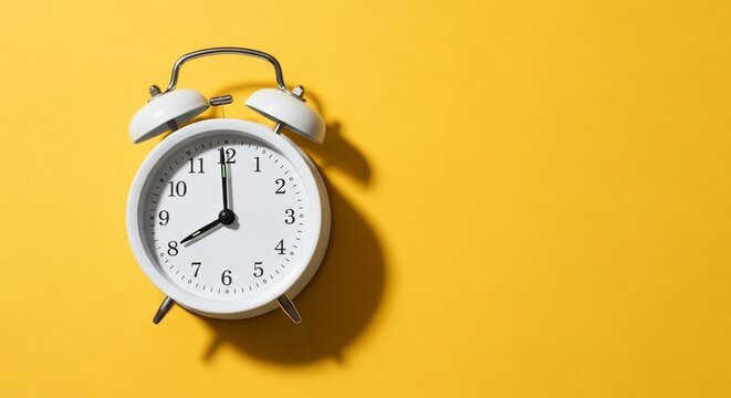 White alarm clock showing eight o clock on a yellow background with a shadow cast to the right