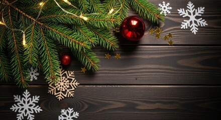 Christmas tree branch red ornament snowflake wooden background festive holiday decoration light