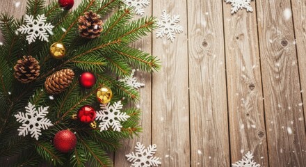 Christmas tree branch, pine cone, red ornament, gold ornament, snowflake, wooden background, festive decoration