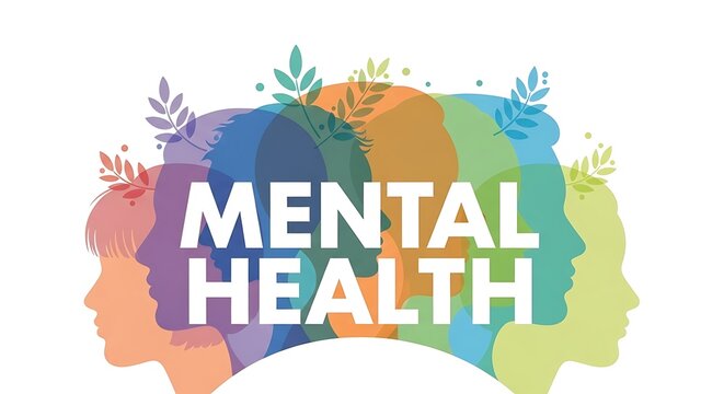 Colorful abstract silhouettes of diverse people forming the words mental health world mental health day background