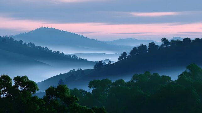 Serene and atmospheric misty mountain landscape with layers of forested hills and ridges at the golden hour of dawn or dusk - Powered by Adobe