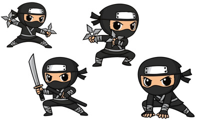Adorable Chibi Ninja Cartoon Vector Set: Stealth and Action Poses © bahar