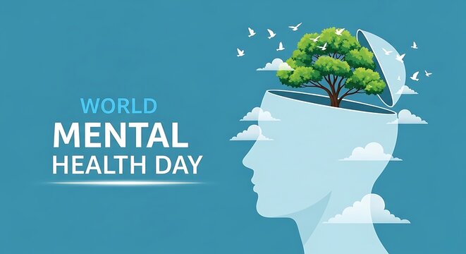 World mental health day illustration with a tree growing from an open head silhouette world mental health day background