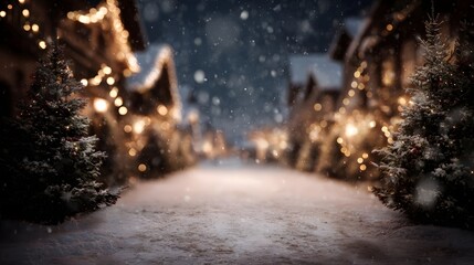A magical snowy village street at night adorned with warm Christmas lights and falling snow creating a festive atmosphere
