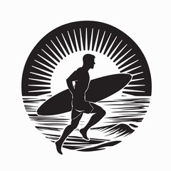 Silhouette of Man Running with Surfboard Against Sunlight Vector Illustration