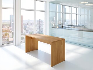 Fototapeta premium Modern office interior with glass partitions, wood kitchen, and city view. Minimalist design, neutral colors, stylish furniture, and bright workspace create a functional, professional, contemporary.