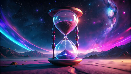 Surreal giant hourglass filled with glowing neon sand mystical surreal fantasy cosmic art  