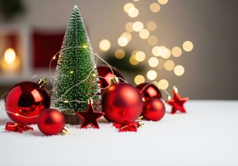 Miniature Christmas tree red ornament star festive holiday winter decoration glowing light joyful
