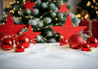 Red Christmas ornament bauble star snow festive holiday decoration tree glowing joyful celebration winter sparkle merry