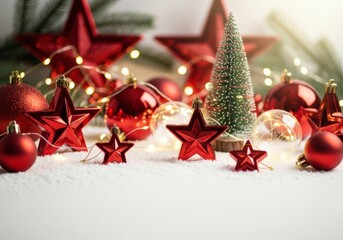 Red star ornament, Christmas ball, pine tree, snow, festive light, holiday decoration, joyful mood