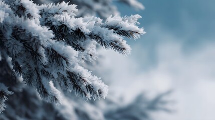 A detailed close up of frost covered evergreen fir branches against a soft blurred winter sky highlighting natural seasonal beauty and crisp textures