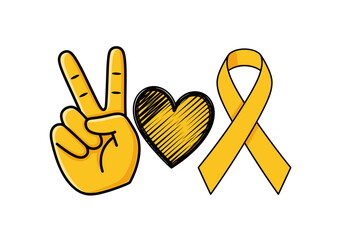 Obraz premium childhood cancer awareness, golden ribbon, gold awareness ribbon, pediatric cancer, peace hand sign, childhood cancer symbol, yellow ribbon awareness, childhood cancer support, awareness ribbon gold, 