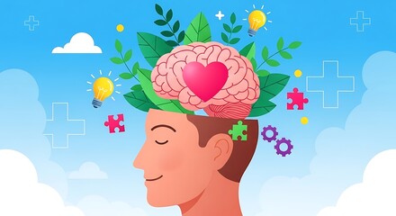 A mans profile with a brain, heart, and plants, signifying mental health and emotional wellbeing world mental health day background