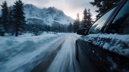 A car navigates a winding snow covered mountain road with trees and peaks under a cloudy sky